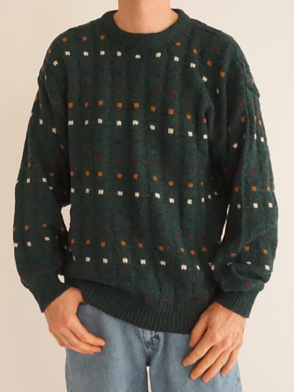 Vintage Claybrooke Outdoors Forest Green Multicolor Dotted Cotton Knit Sweater L